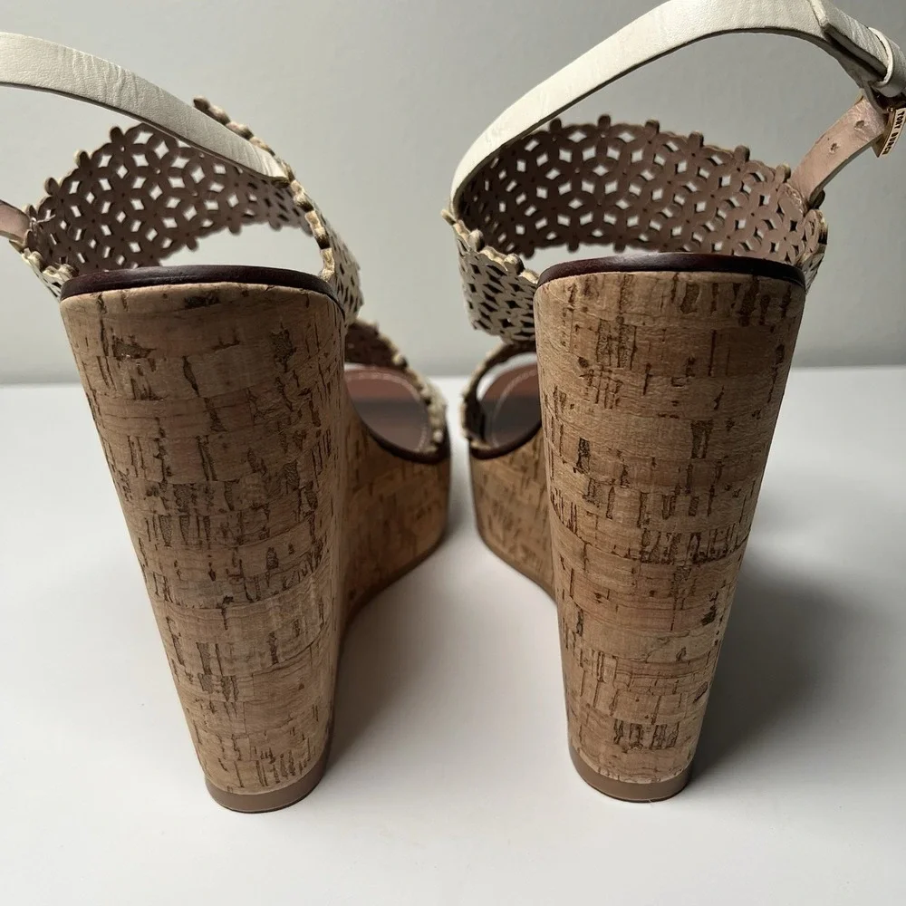 Tory Burch Wedge Sandals Womens 11M White Floral Laser Cut Cork Platform Summer